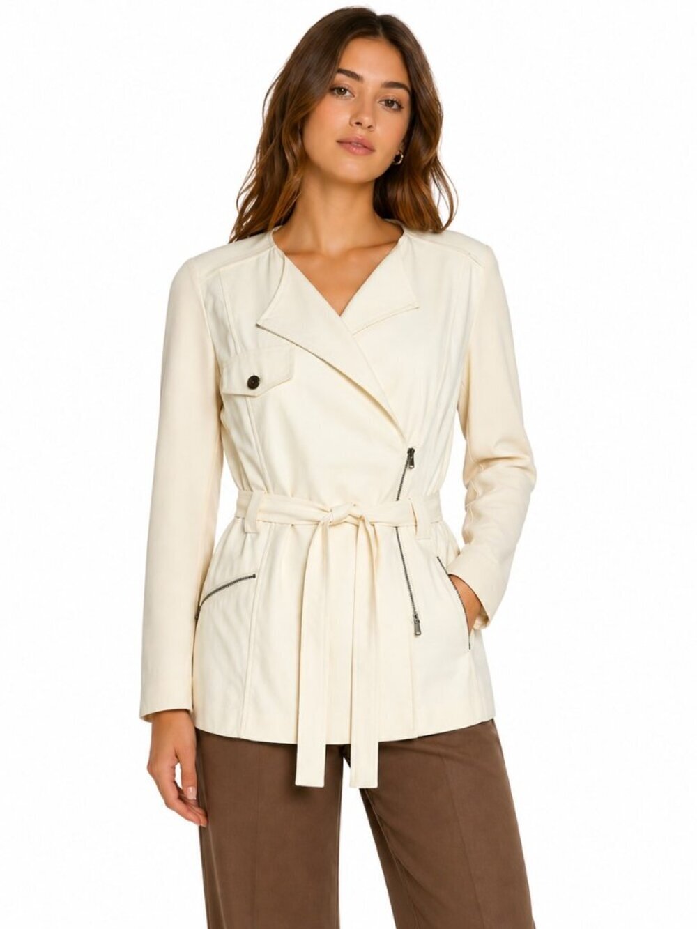 St. John Cream Ribbed Knit Sleeve Asymmetrical Zip Jacket